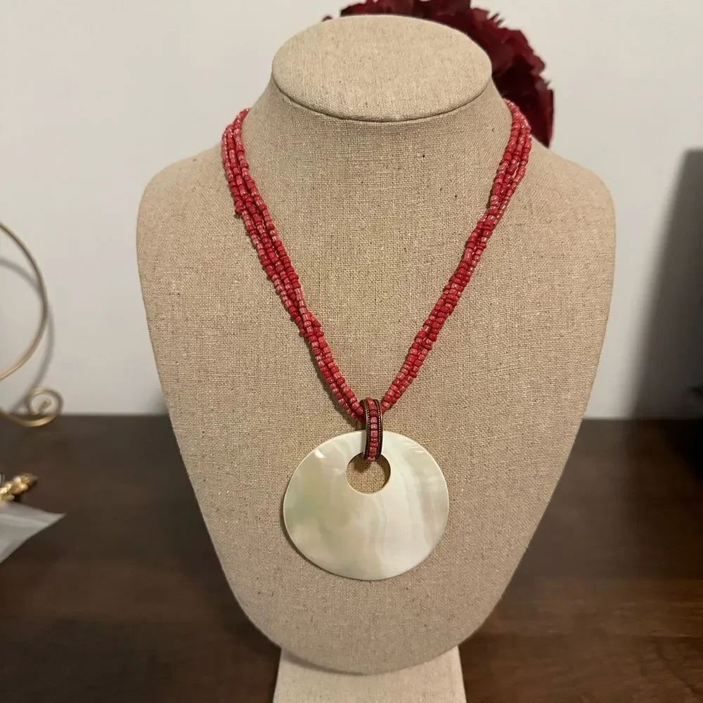 Vintage Avon Red Seed Bead Three Strand Mother of Pearl Pendant Necklace